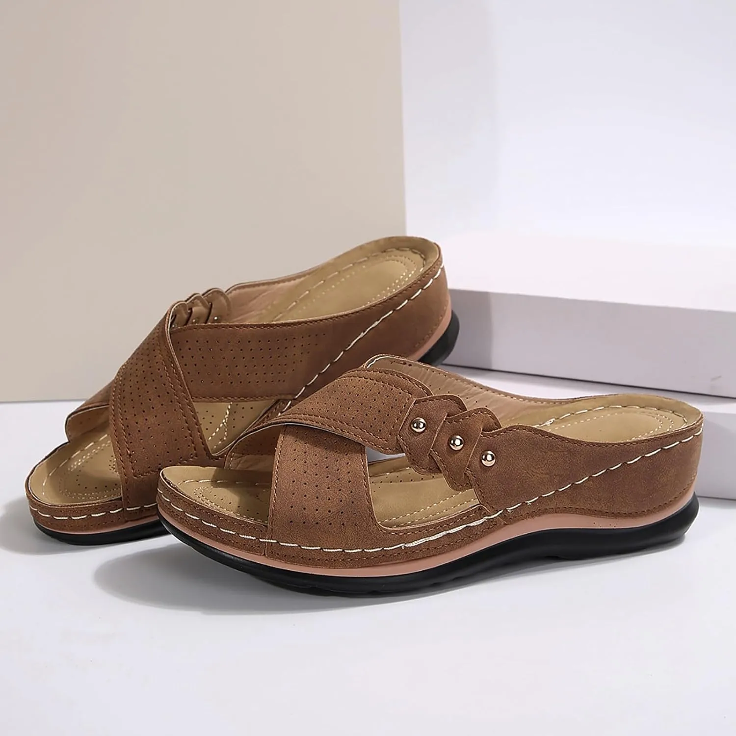 Womens Wedge Sandals Leather Dressy Breathablet Cross Strap Slide Sandals Beach Summer Casual Non-Slip Slippers Shoes Open Toe Platform Wedge Shoes
