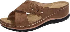Womens Wedge Sandals Leather Dressy Breathablet Cross Strap Slide Sandals Beach Summer Casual Non-Slip Slippers Shoes Open Toe Platform Wedge Shoes
