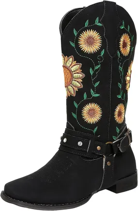 ZBYY Cowboy Boots for Women Mid Calf Western Boots Sunflower Embroidery Stitched Square Toe Chunky Low Heel Boots