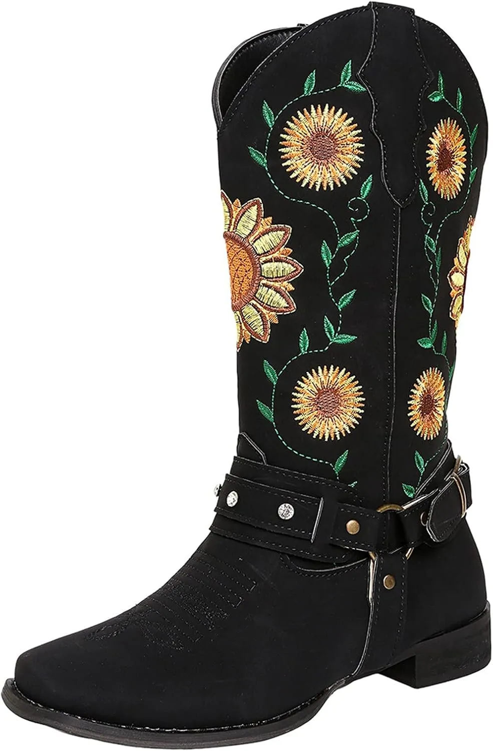 ZBYY Cowboy Boots for Women Mid Calf Western Boots Sunflower Embroidery Stitched Square Toe Chunky Low Heel Boots