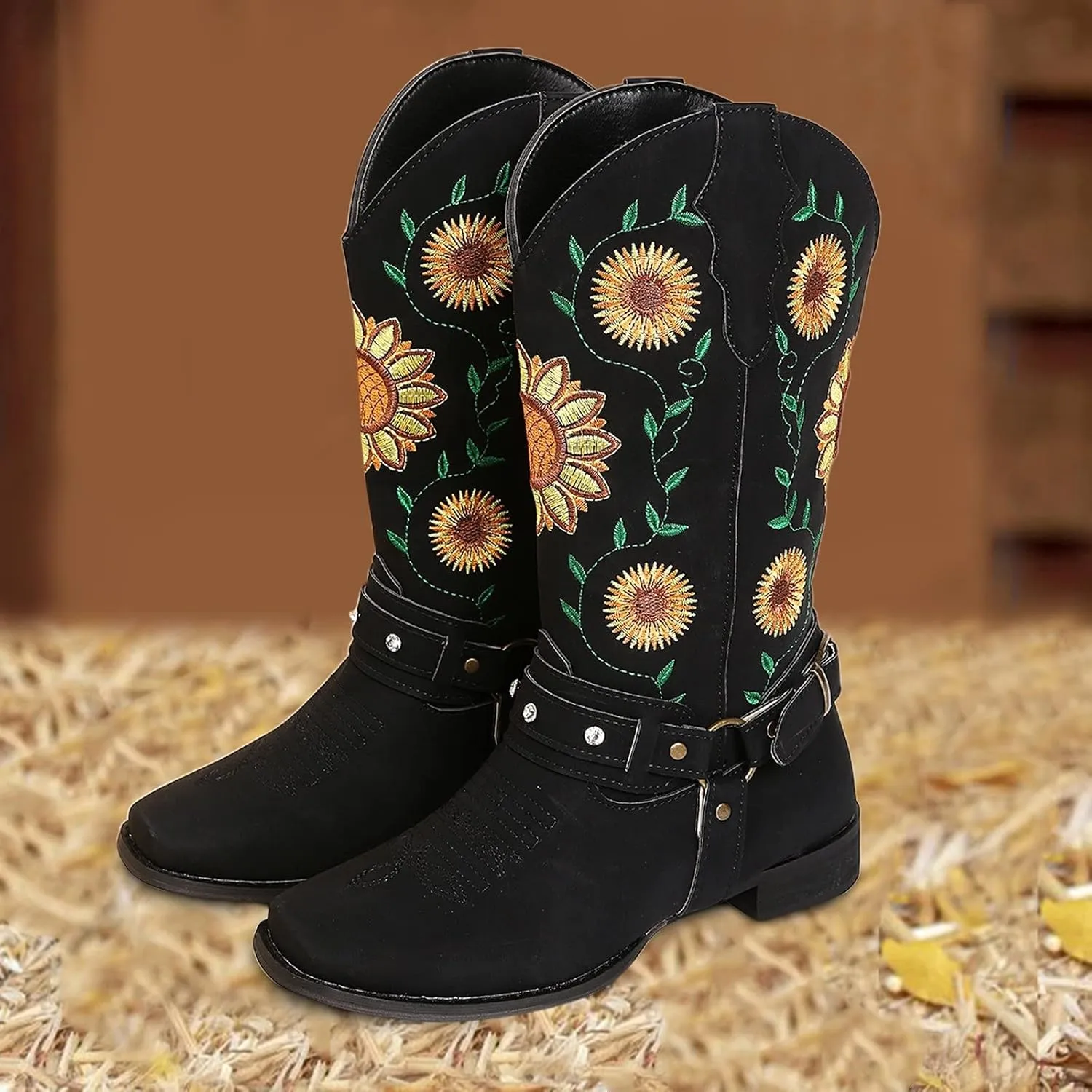ZBYY Cowboy Boots for Women Mid Calf Western Boots Sunflower Embroidery Stitched Square Toe Chunky Low Heel Boots