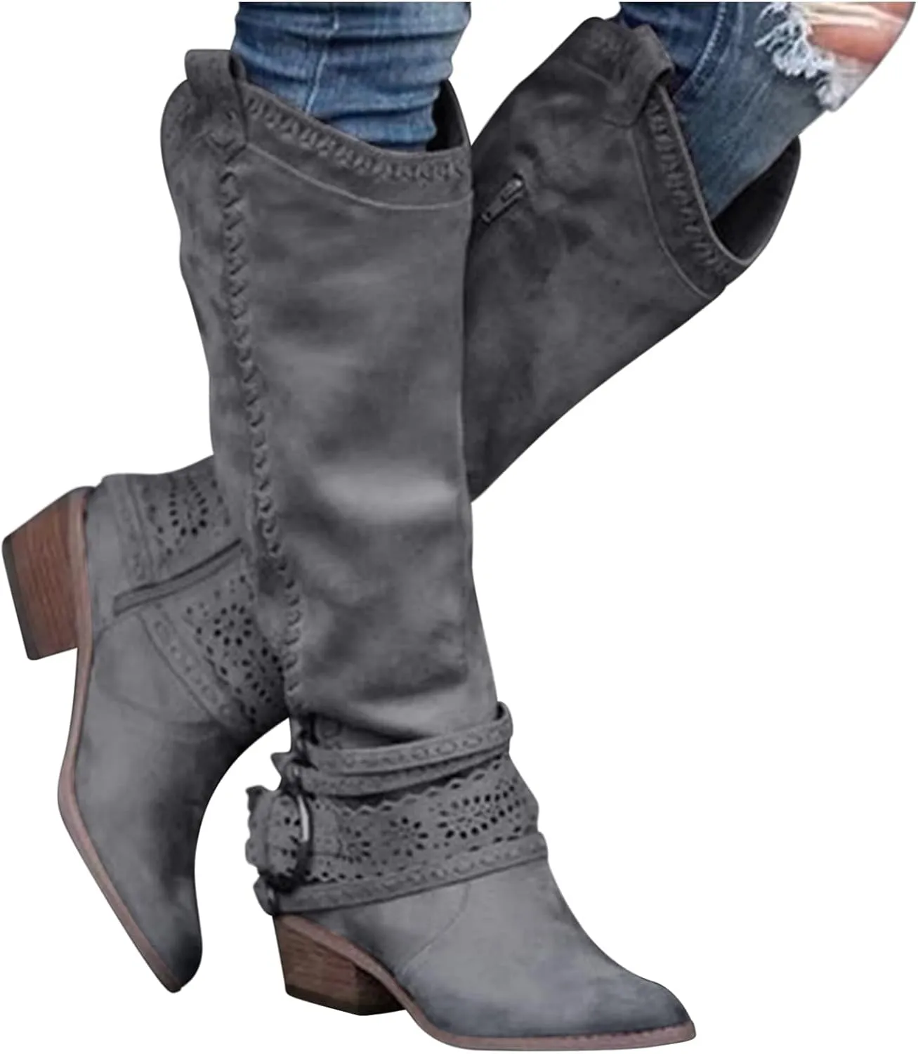 ZBYY Knee High Boots for Women,Winter Buckle Riding Boot Mid Calf Bootie Warm Side Zipper Block Low Heel Dress Snow Boots