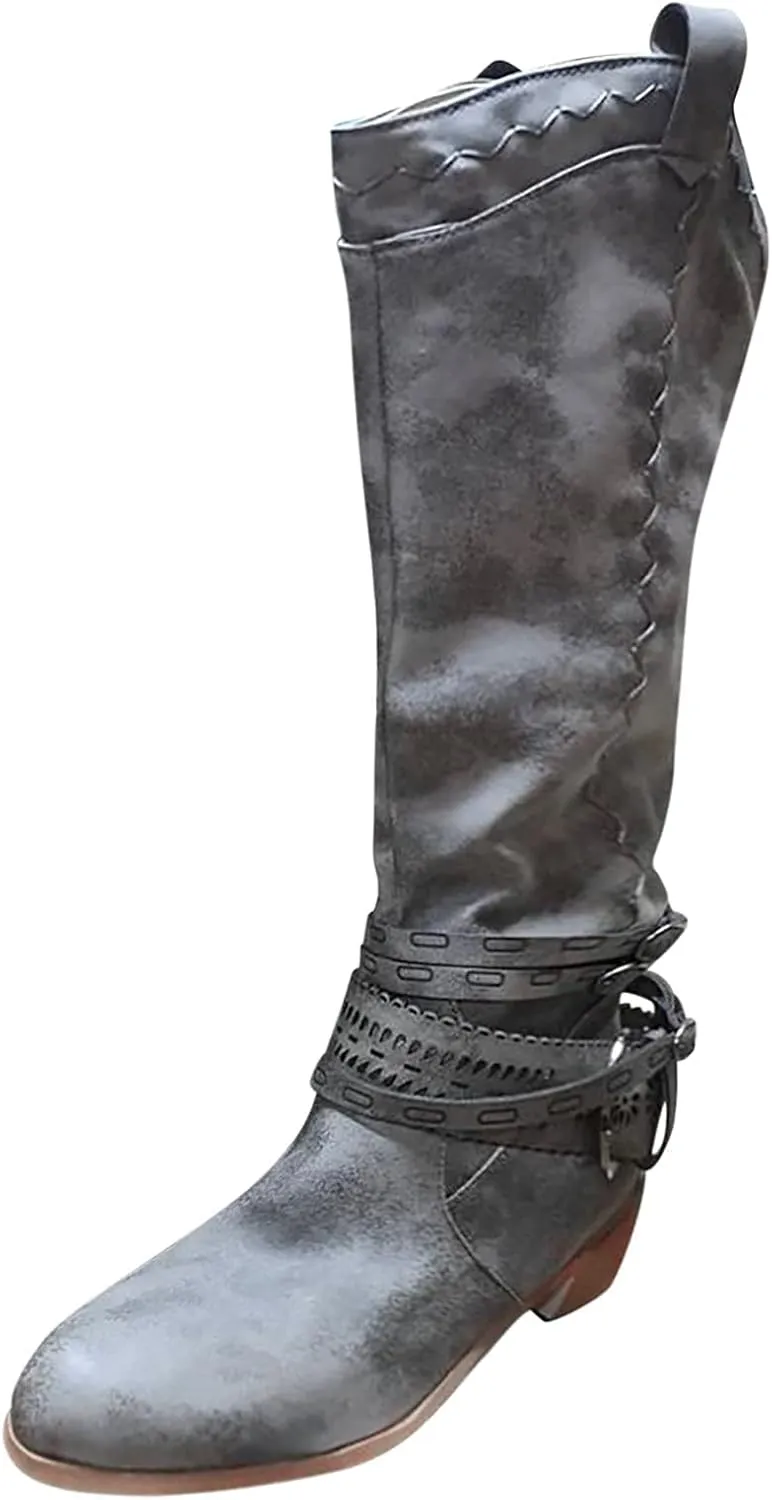 ZBYY Knee High Boots for Women,Winter Buckle Riding Boot Mid Calf Bootie Warm Side Zipper Block Low Heel Dress Snow Boots