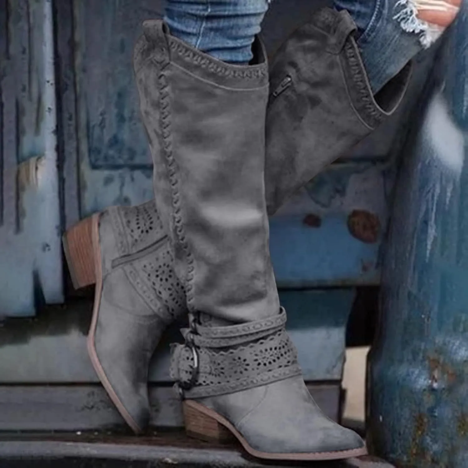 ZBYY Knee High Boots for Women,Winter Buckle Riding Boot Mid Calf Bootie Warm Side Zipper Block Low Heel Dress Snow Boots