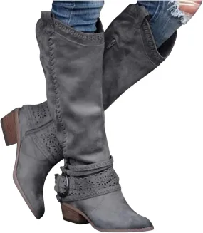 ZBYY Knee High Boots for Women,Winter Buckle Riding Boot Mid Calf Bootie Warm Side Zipper Block Low Heel Dress Snow Boots