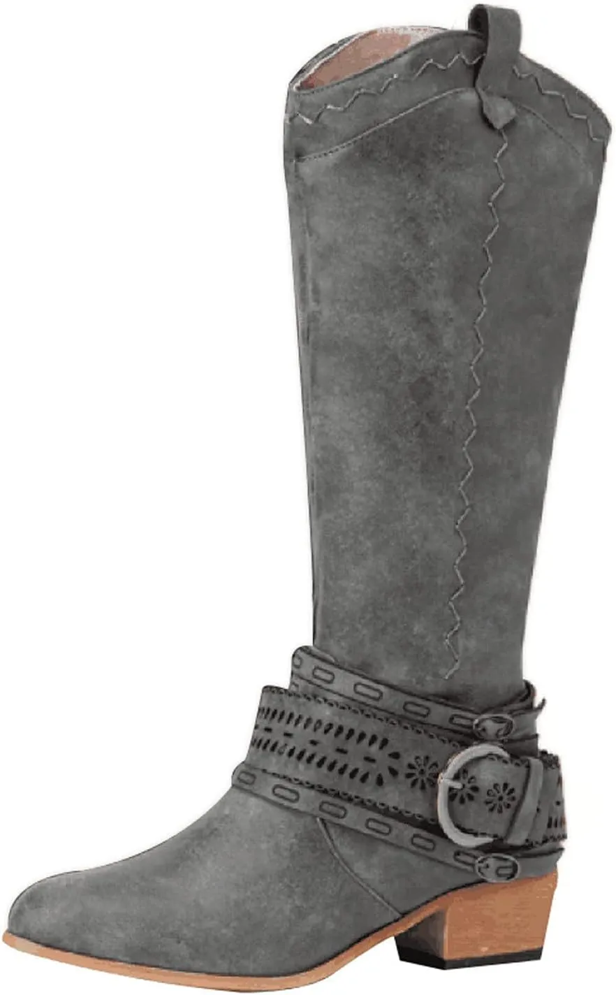 ZBYY Knee High Boots for Women,Winter Buckle Riding Boot Mid Calf Bootie Warm Side Zipper Block Low Heel Dress Snow Boots